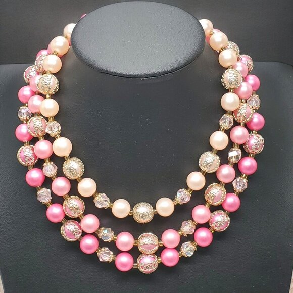 Strand Jewelry - Vtg 3-Strand Faux Pearl Bead Necklace Gold Tone Filigree Pink Adjustable 14"+2.5